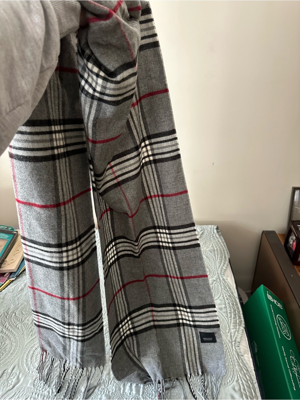 Gray Plaid Lord and Taylor Scarf with Red Accent